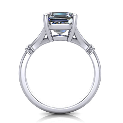 Luna square emerald classic solitaire engagement ring in Platinum, through-finger front profile showing the square emerald center raised above the plain split shank
