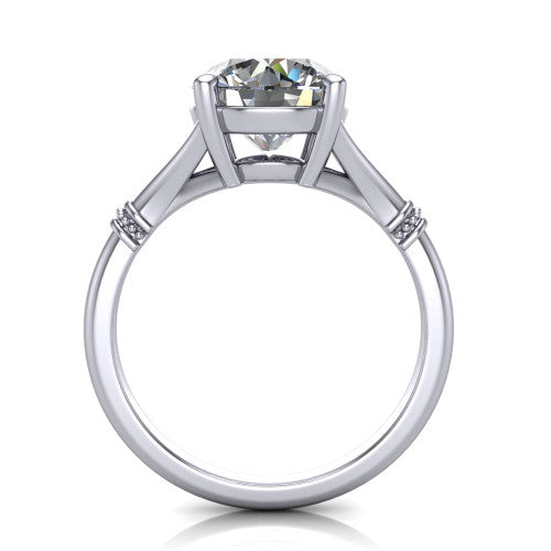 Luna round classic solitaire engagement ring in Platinum, through-finger front profile showing the round center raised above the plain split shank