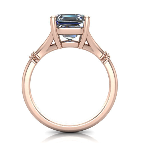 Luna square emerald classic solitaire engagement ring in 14K Rose Gold, through-finger front profile showing the square emerald center raised above the plain split shank