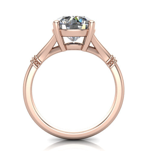 Luna round classic solitaire engagement ring in 18K Rose Gold, through-finger front profile showing the round center raised above the plain split shank