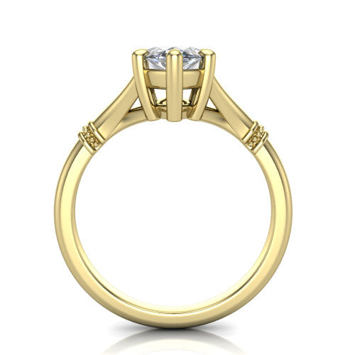Luna marquise classic solitaire engagement ring in 18K Yellow Gold, through-finger front profile showing the marquise center raised above the plain split shank