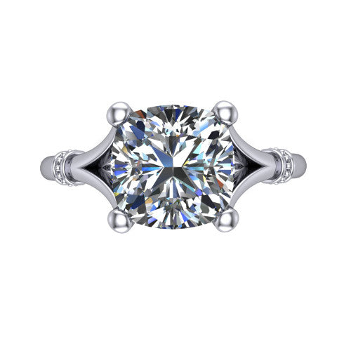Luna cushion classic solitaire engagement ring in Platinum, top-down view showing the four-prong cushion center and the split band with diamond accents