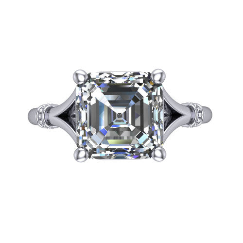 Luna square emerald classic solitaire engagement ring in 18K White Gold, top-down view showing the four-prong square emerald center and the split band with diamond accents