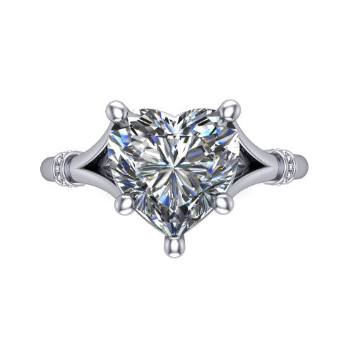 Luna heart classic solitaire engagement ring in Platinum, top-down view showing the four-prong heart center and the split band with diamond accents