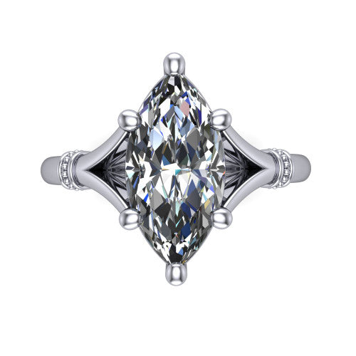 Luna marquise classic solitaire engagement ring in Platinum, top-down view showing the four-prong marquise center and the split band with diamond accents