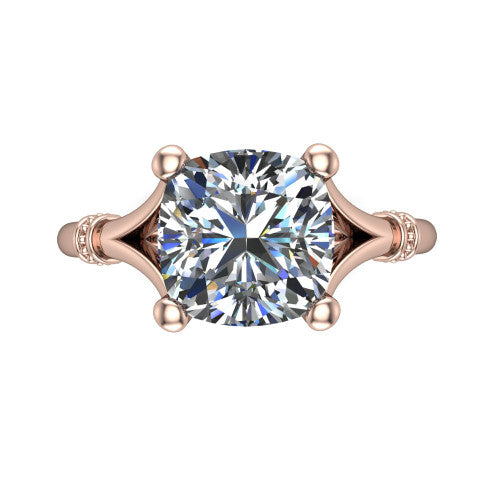 Luna cushion classic solitaire engagement ring in 14K Rose Gold, top-down view showing the four-prong cushion center and the split band with diamond accents