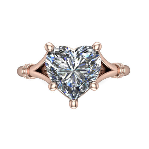 Luna heart classic solitaire engagement ring in 18K Rose Gold, top-down view showing the four-prong heart center and the split band with diamond accents