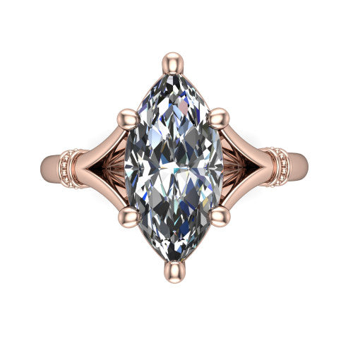 Luna marquise classic solitaire engagement ring in 14K Rose Gold, top-down view showing the four-prong marquise center and the split band with diamond accents
