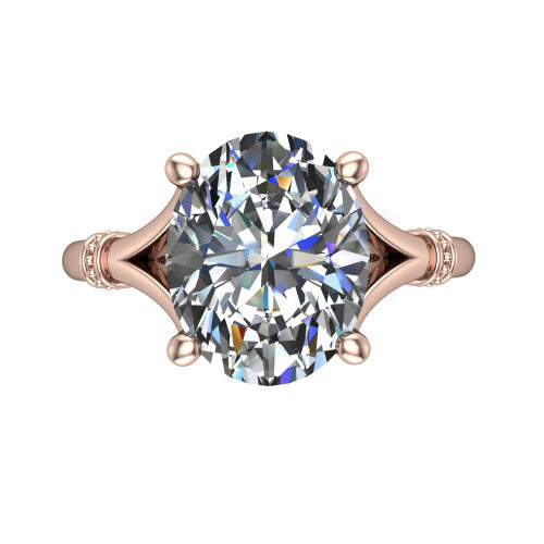 Luna oval classic solitaire engagement ring in 14K Rose Gold, top-down view showing the four-prong oval center and the split band with diamond accents