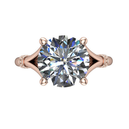 Luna round classic solitaire engagement ring in 14K Rose Gold, top-down view showing the four-prong round center and the split band with diamond accents