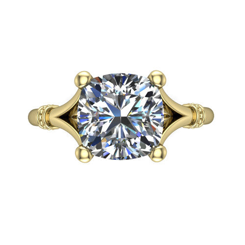 Luna cushion classic solitaire engagement ring in 14K Yellow Gold, top-down view showing the four-prong cushion center and the split band with diamond accents