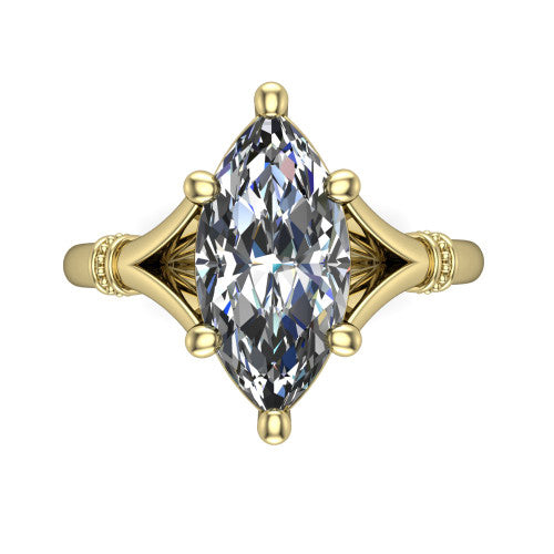 Luna marquise classic solitaire engagement ring in 14K Yellow Gold, top-down view showing the four-prong marquise center and the split band with diamond accents