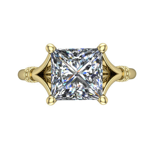 Luna princess classic solitaire engagement ring in 18K Yellow Gold, top-down view showing the four-prong princess center and the split band with diamond accents
