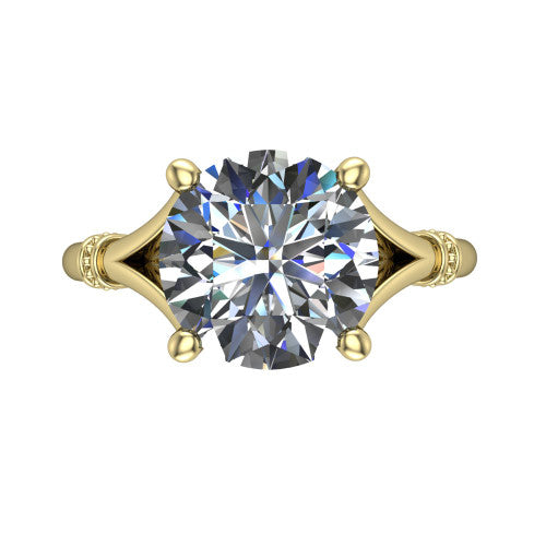 Luna round classic solitaire engagement ring in 14K Yellow Gold, top-down view showing the four-prong round center and the split band with diamond accents