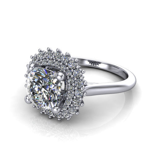Camila cushion halo engagement ring in Platinum with cushion-shaped double halo, three-quarter perspective view