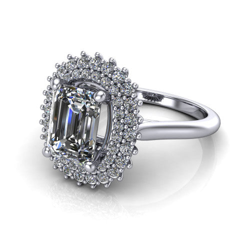 Camila emerald halo engagement ring in 14K White Gold with cushion-shaped double halo, three-quarter perspective view
