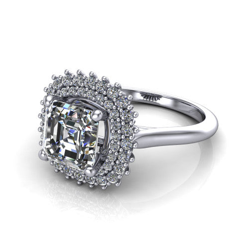 Camila asscher halo engagement ring in 14K White Gold with cushion-shaped double halo, three-quarter perspective view