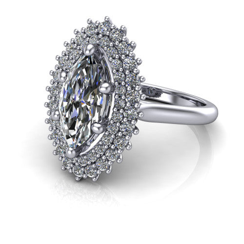 Camila marquise halo engagement ring in 14K White Gold with cushion-shaped double halo, three-quarter perspective view