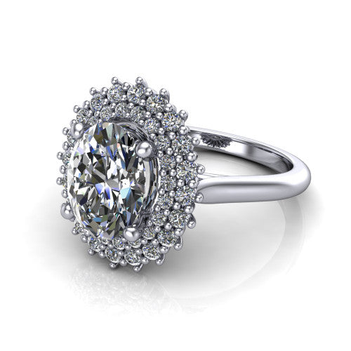 Camila oval halo engagement ring in 18K White Gold with cushion-shaped double halo, three-quarter perspective view