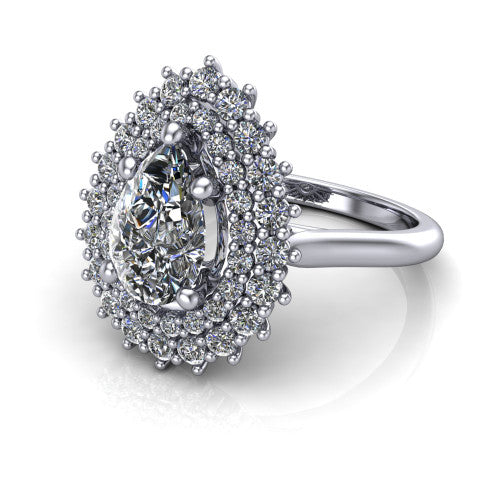 Camila pear halo engagement ring in 14K White Gold with cushion-shaped double halo, three-quarter perspective view