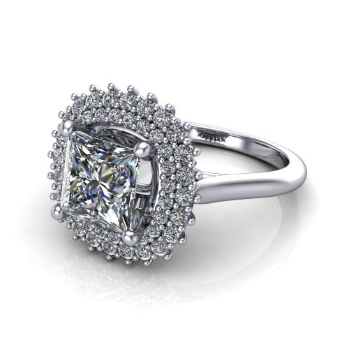 Camila princess halo engagement ring in Platinum with cushion-shaped double halo, three-quarter perspective view