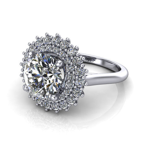 Camila round halo engagement ring in 18K White Gold with cushion-shaped double halo, three-quarter perspective view