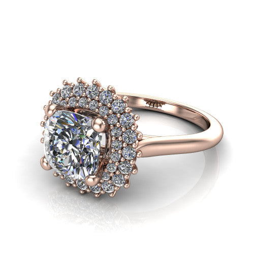Camila cushion halo engagement ring in 14K Rose Gold with cushion-shaped double halo, three-quarter perspective view