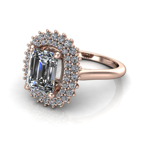 Camila emerald halo engagement ring in 18K Rose Gold with cushion-shaped double halo, three-quarter perspective view