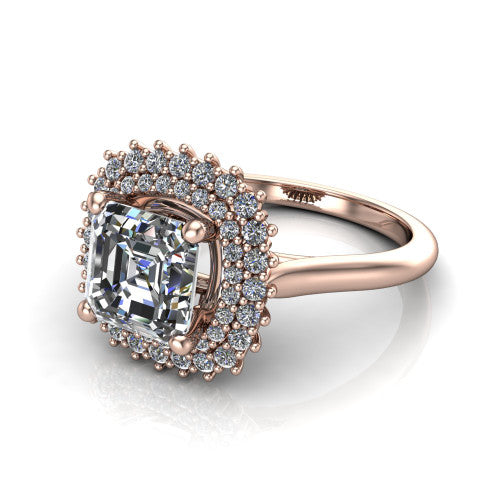 Camila asscher halo engagement ring in 18K Rose Gold with cushion-shaped double halo, three-quarter perspective view