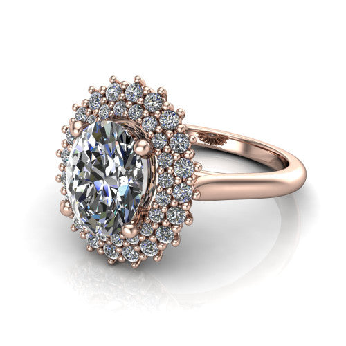 Camila oval halo engagement ring in 14K Rose Gold with cushion-shaped double halo, three-quarter perspective view