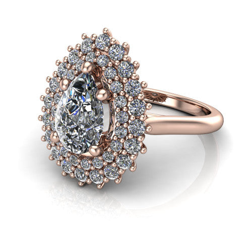 Camila pear halo engagement ring in 14K Rose Gold with cushion-shaped double halo, three-quarter perspective view