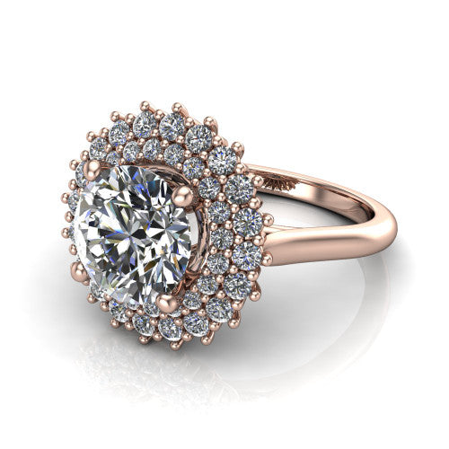 Camila round halo engagement ring in 18K Rose Gold with cushion-shaped double halo, three-quarter perspective view