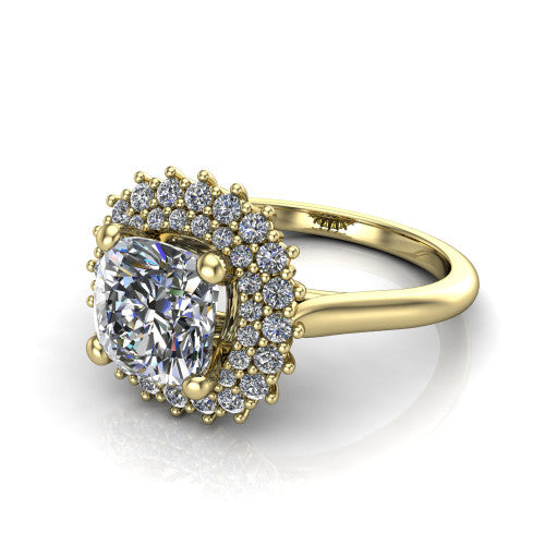 Camila cushion halo engagement ring in 14K Yellow Gold with cushion-shaped double halo, three-quarter perspective view