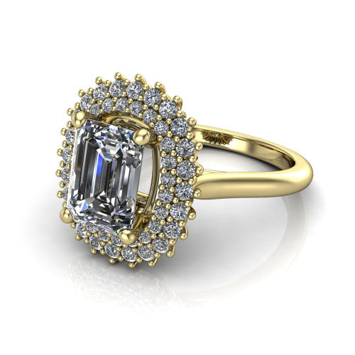 Camila emerald halo engagement ring in 18K Yellow Gold with cushion-shaped double halo, three-quarter perspective view