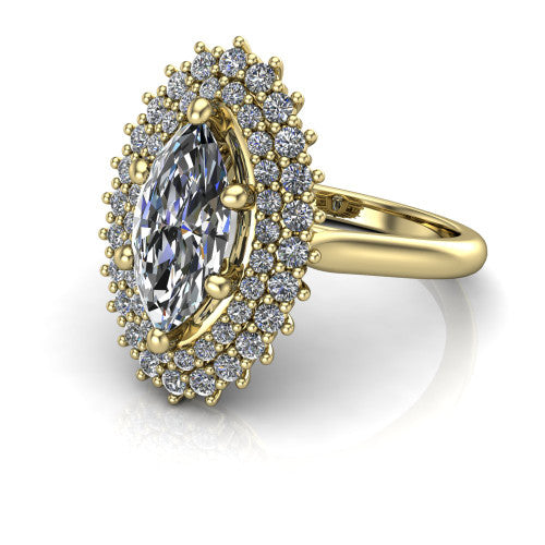 Camila marquise halo engagement ring in 14K Yellow Gold with cushion-shaped double halo, three-quarter perspective view
