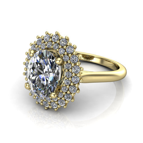 Camila oval halo engagement ring in 14K Yellow Gold with cushion-shaped double halo, three-quarter perspective view