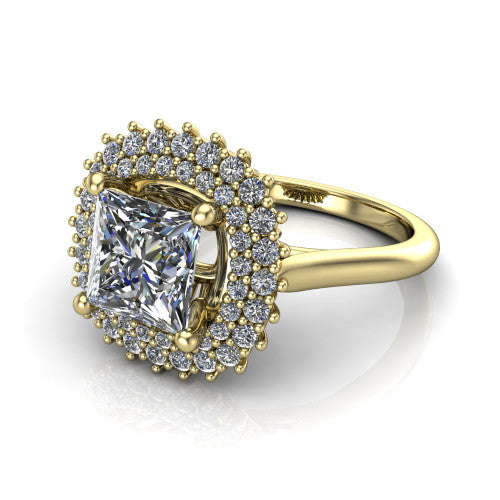 Camila princess halo engagement ring in 14K Yellow Gold with cushion-shaped double halo, three-quarter perspective view
