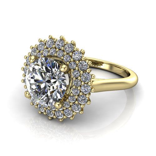 Camila round halo engagement ring in 18K Yellow Gold with cushion-shaped double halo, three-quarter perspective view