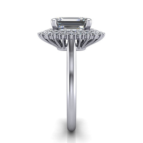 Camila emerald halo engagement ring in 18K White Gold with cushion-shaped double halo, side profile showing the plain cathedral band and raised double halo