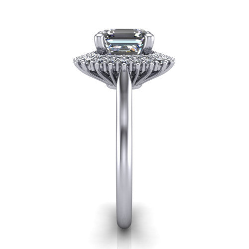 Camila asscher halo engagement ring in 18K White Gold with cushion-shaped double halo, side profile showing the plain cathedral band and raised double halo