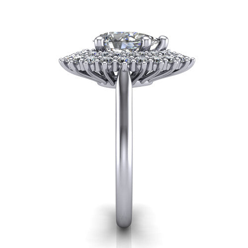 Camila pear halo engagement ring in 14K White Gold with cushion-shaped double halo, side profile showing the plain cathedral band and raised double halo