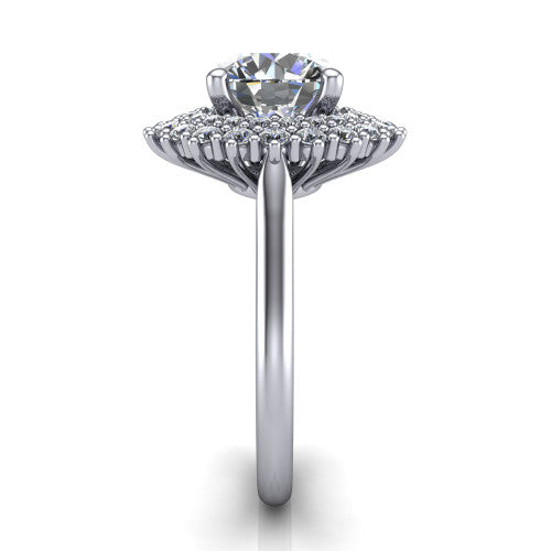 Camila round halo engagement ring in Platinum with cushion-shaped double halo, side profile showing the plain cathedral band and raised double halo