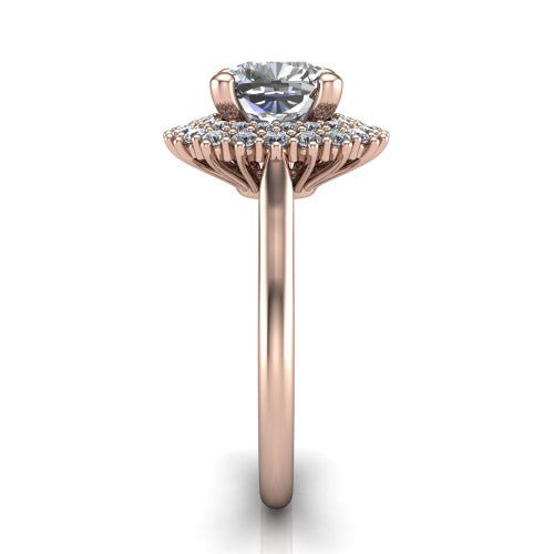 Camila cushion halo engagement ring in 14K Rose Gold with cushion-shaped double halo, side profile showing the plain cathedral band and raised double halo