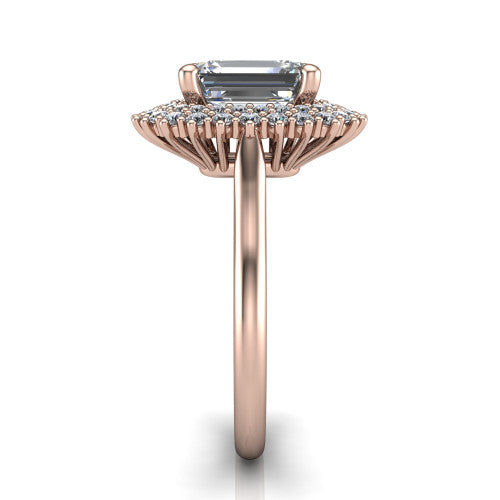 Camila emerald halo engagement ring in 14K Rose Gold with cushion-shaped double halo, side profile showing the plain cathedral band and raised double halo