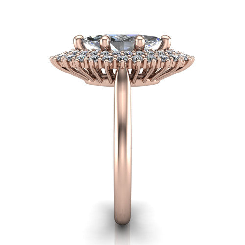 Camila marquise halo engagement ring in 18K Rose Gold with cushion-shaped double halo, side profile showing the plain cathedral band and raised double halo