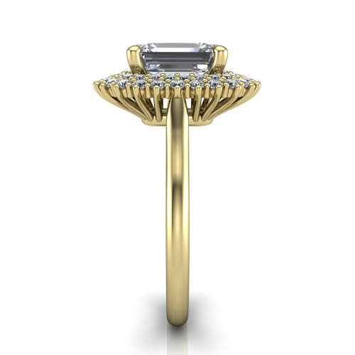 Camila emerald halo engagement ring in 14K Yellow Gold with cushion-shaped double halo, side profile showing the plain cathedral band and raised double halo