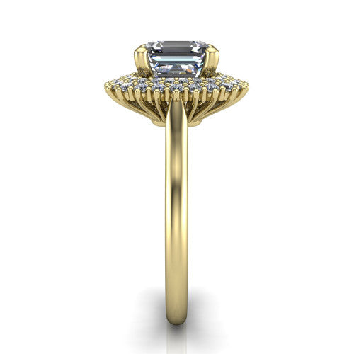 Camila asscher halo engagement ring in 18K Yellow Gold with cushion-shaped double halo, side profile showing the plain cathedral band and raised double halo