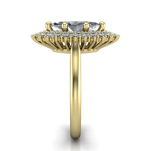 Camila marquise halo engagement ring in 14K Yellow Gold with cushion-shaped double halo, side profile showing the plain cathedral band and raised double halo