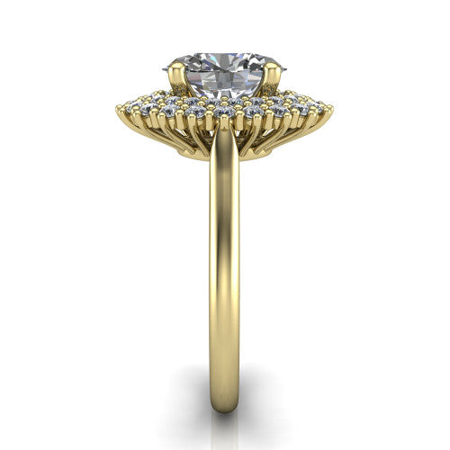 Camila oval halo engagement ring in 14K Yellow Gold with cushion-shaped double halo, side profile showing the plain cathedral band and raised double halo