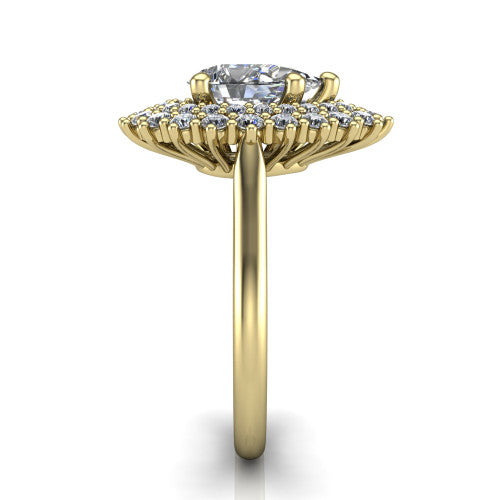 Camila pear halo engagement ring in 18K Yellow Gold with cushion-shaped double halo, side profile showing the plain cathedral band and raised double halo